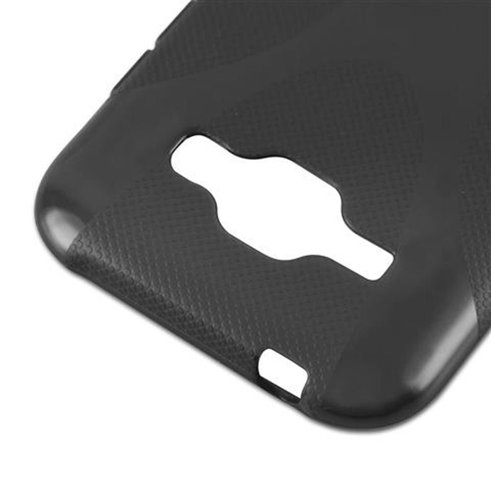 Custodia nera testurizzata per telefono con ritagli per fotocamera e pulsanti.