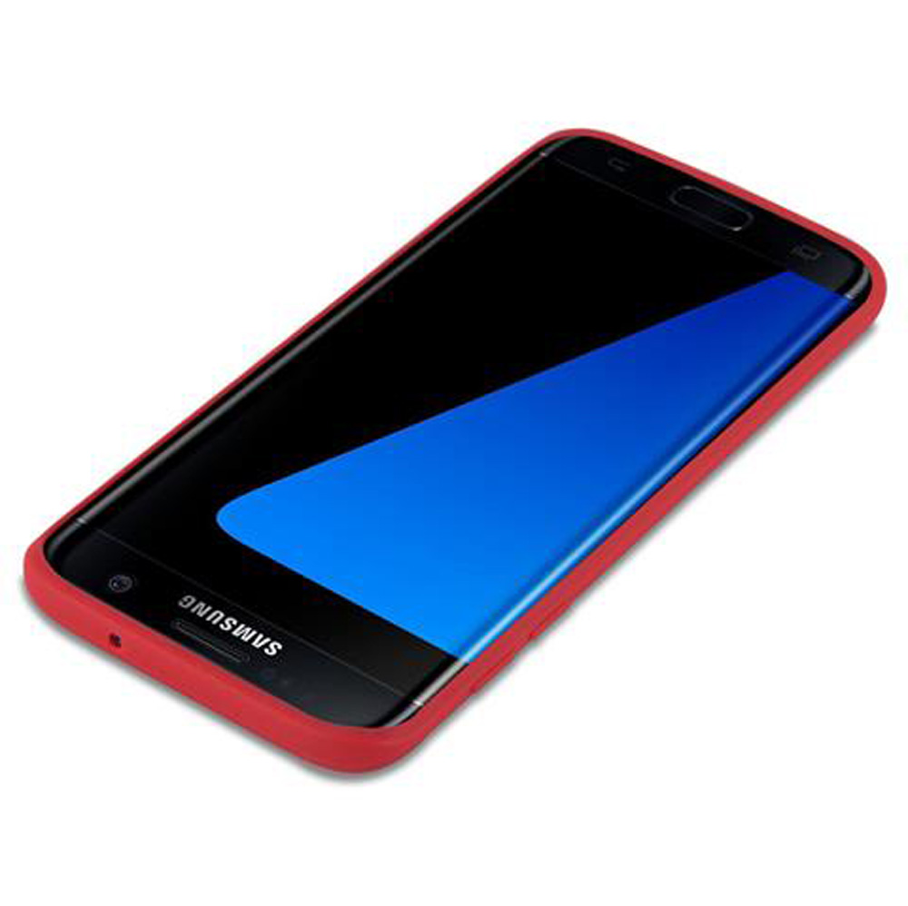Un telefono rosso con schermo blu su sfondo bianco.