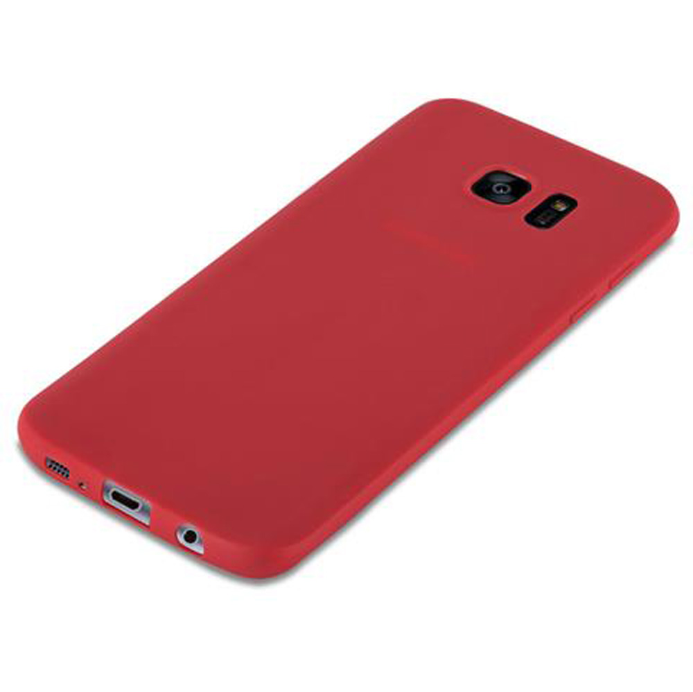 Custodia rossa per telefono su sfondo bianco con ritaglio fotocamera e porta di ricarica.