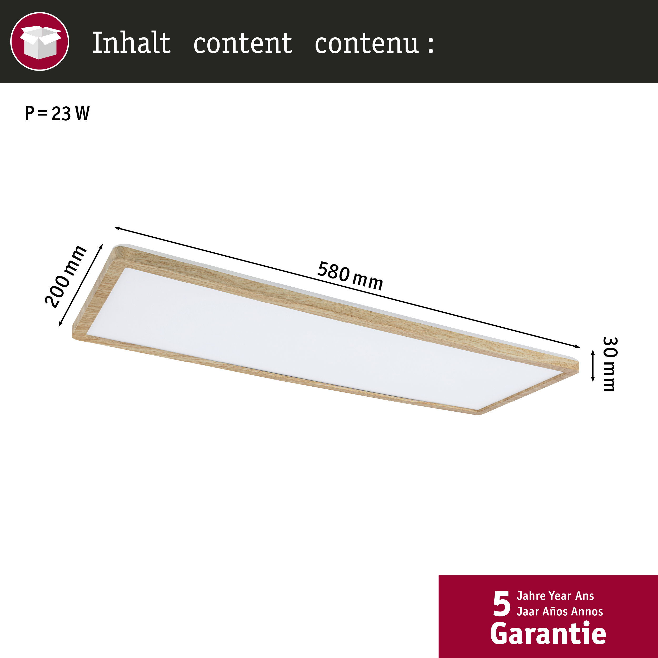 Schmale rechteckige Lampe mit Holzrahmen, 580x200x30 mm, 23W.