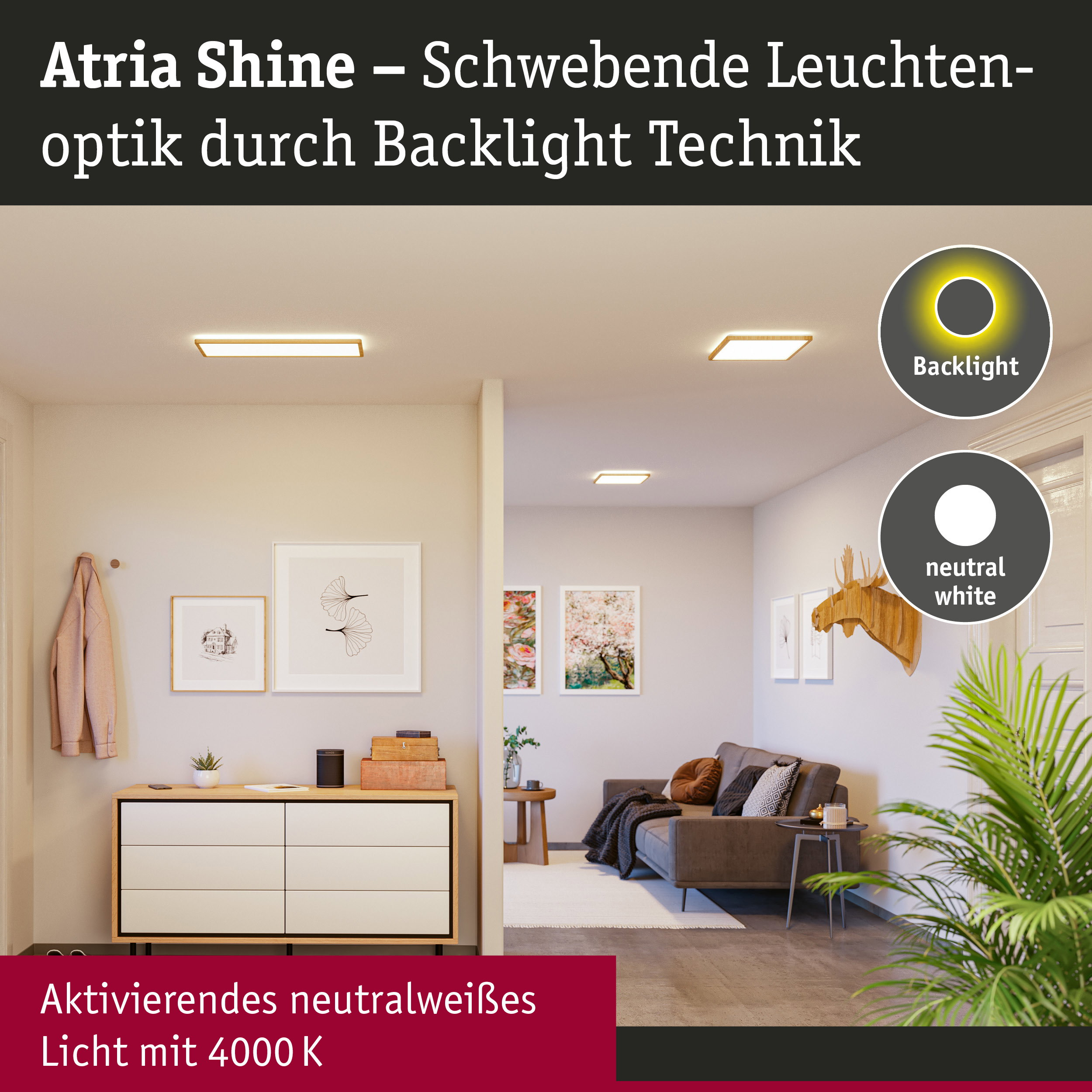 Moderne Deckenleuchten in einem Flur mit Bildern und Möbeln.