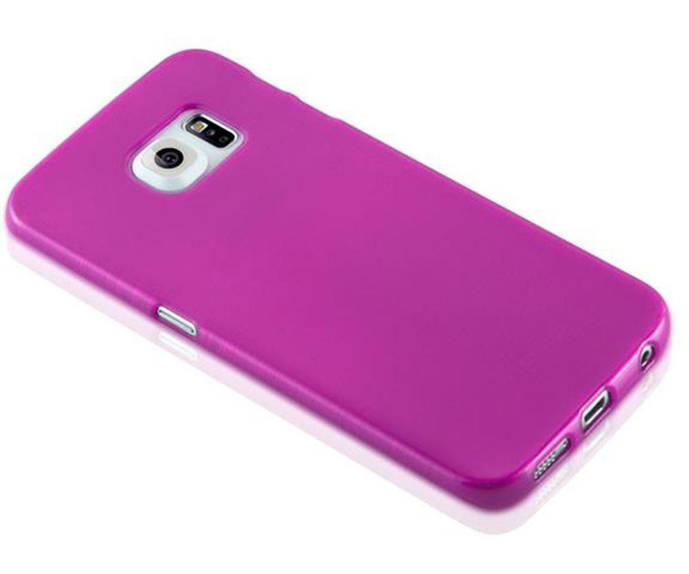 Ein glänzendes, magentafarbenes Handycover mit Kameramodul und Anschlüssen.