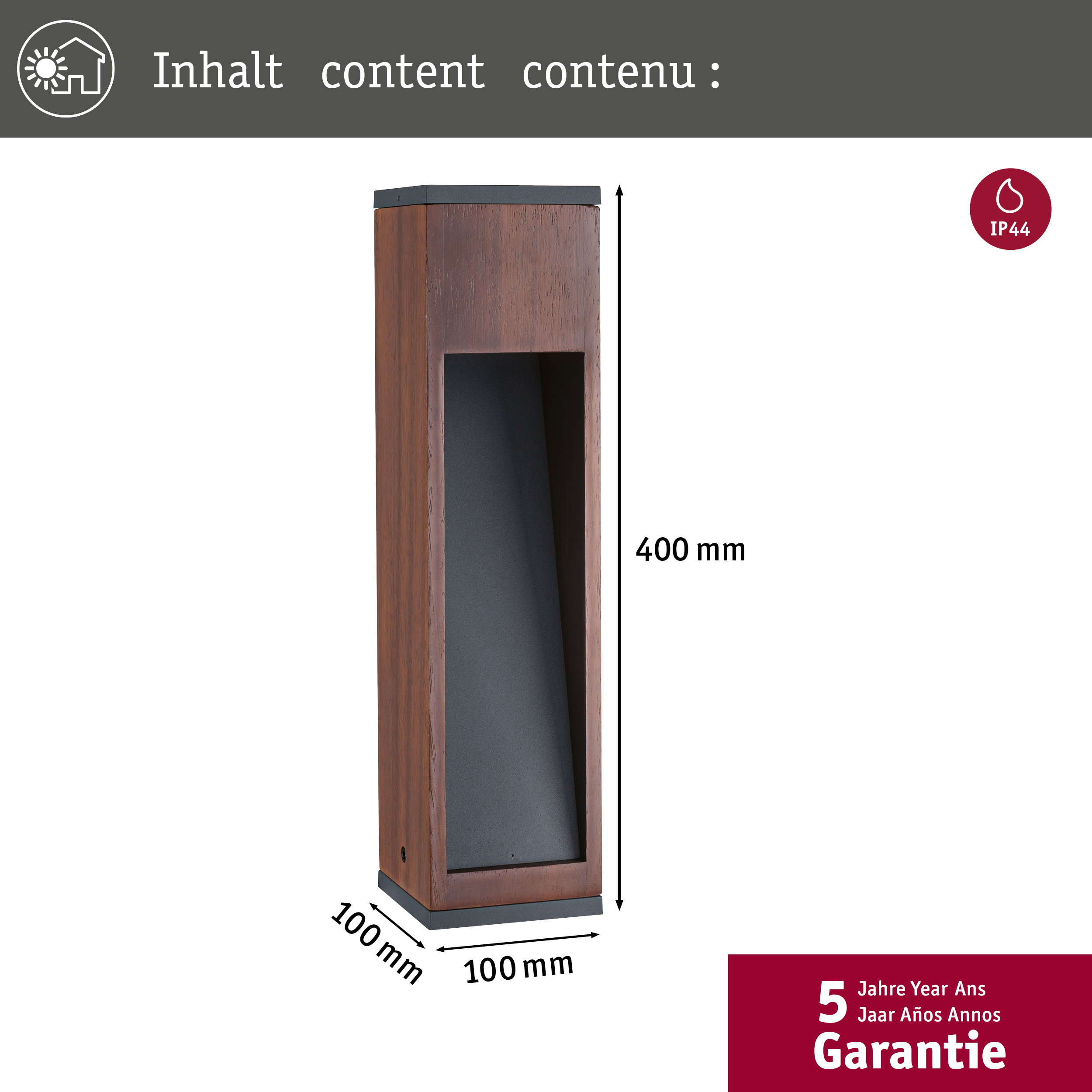 Ein rechteckiger Holz-Außenleuchter mit schwarzem Einsatz und Metallfuß. Maße sind 400x100x100 mm.