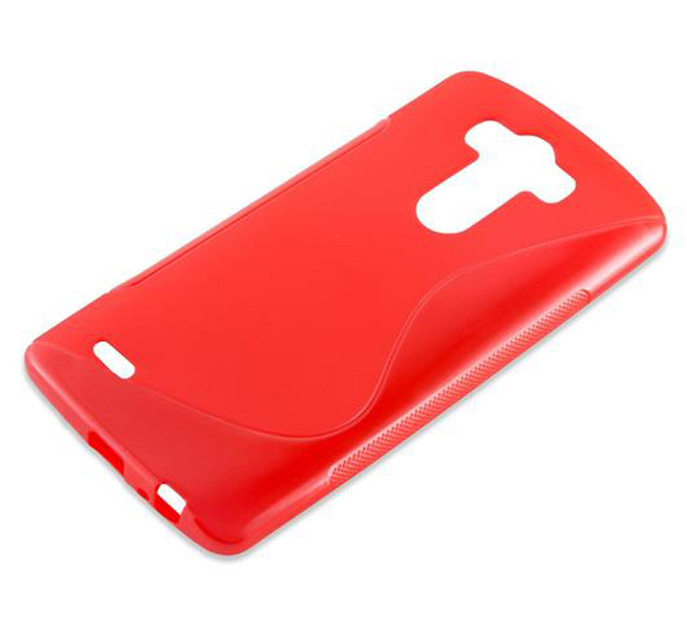 Una custodia rossa per telefono con ritagli per fotocamera e porte.