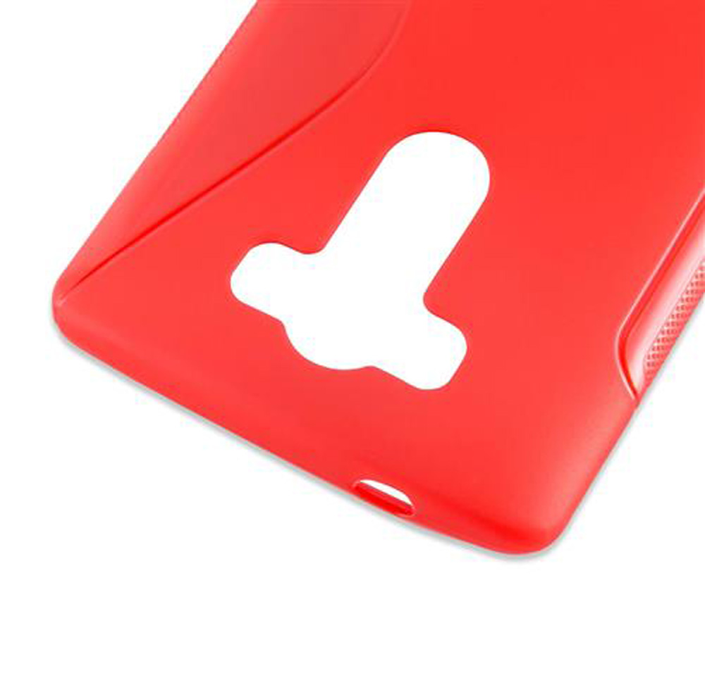 Custodia rossa per telefono con ritagli per fotocamera e pulsanti.