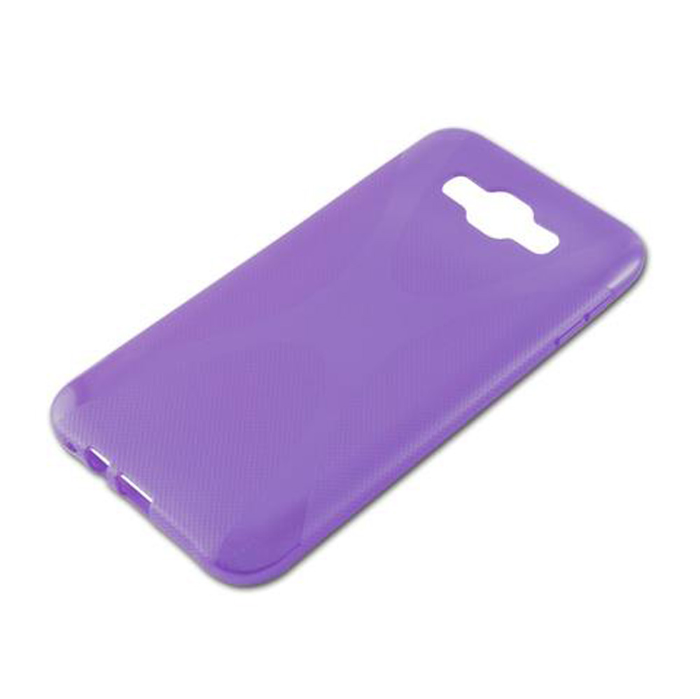 Una custodia viola per telefono con ritagli per fotocamera e porte.