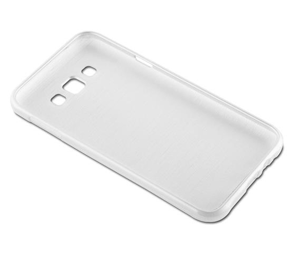Una custodia bianca trasparente per telefono con ritagli per fotocamera e flash.