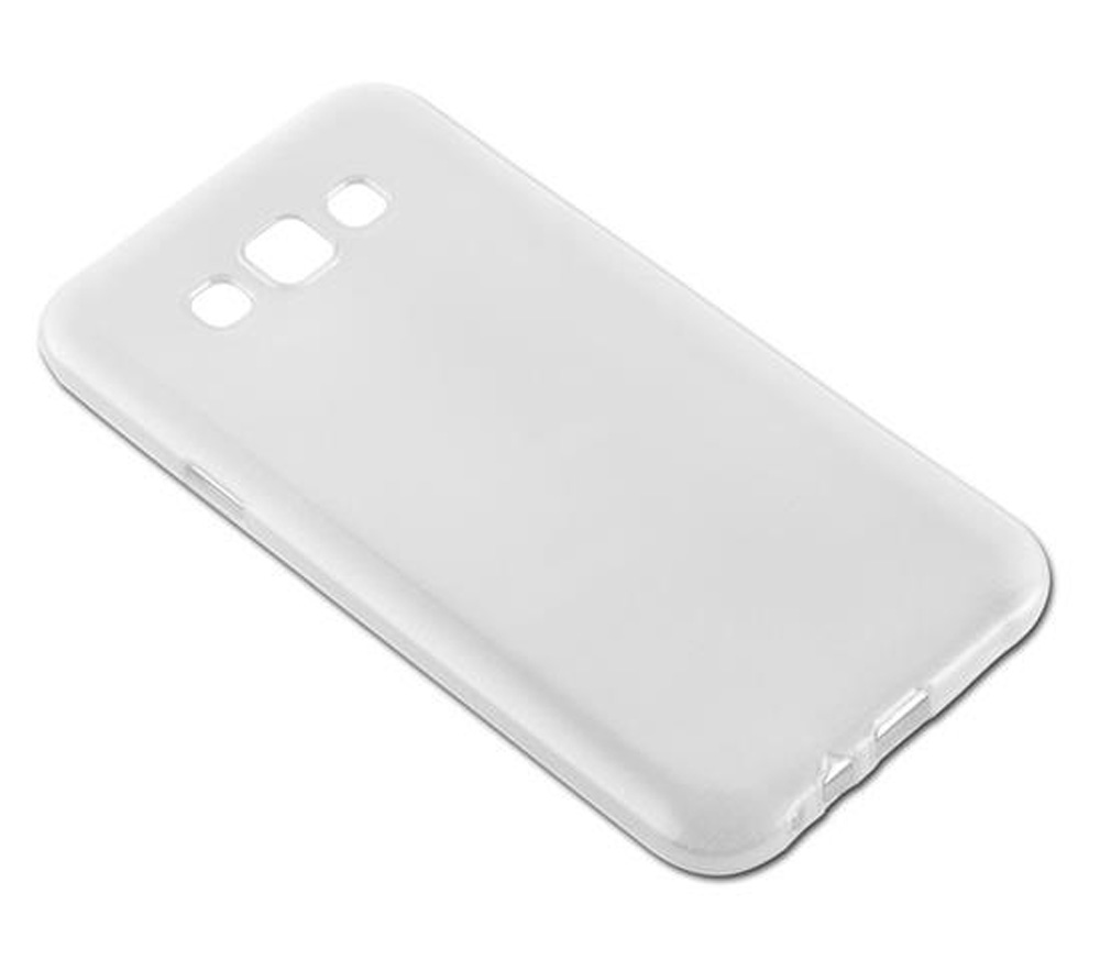 Una cover per smartphone bianca e vuota giace su sfondo bianco, leggermente angolata.