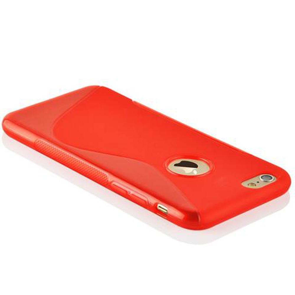 Custodia per telefono rossa con ritaglio rotondo per fotocamera su sfondo bianco.