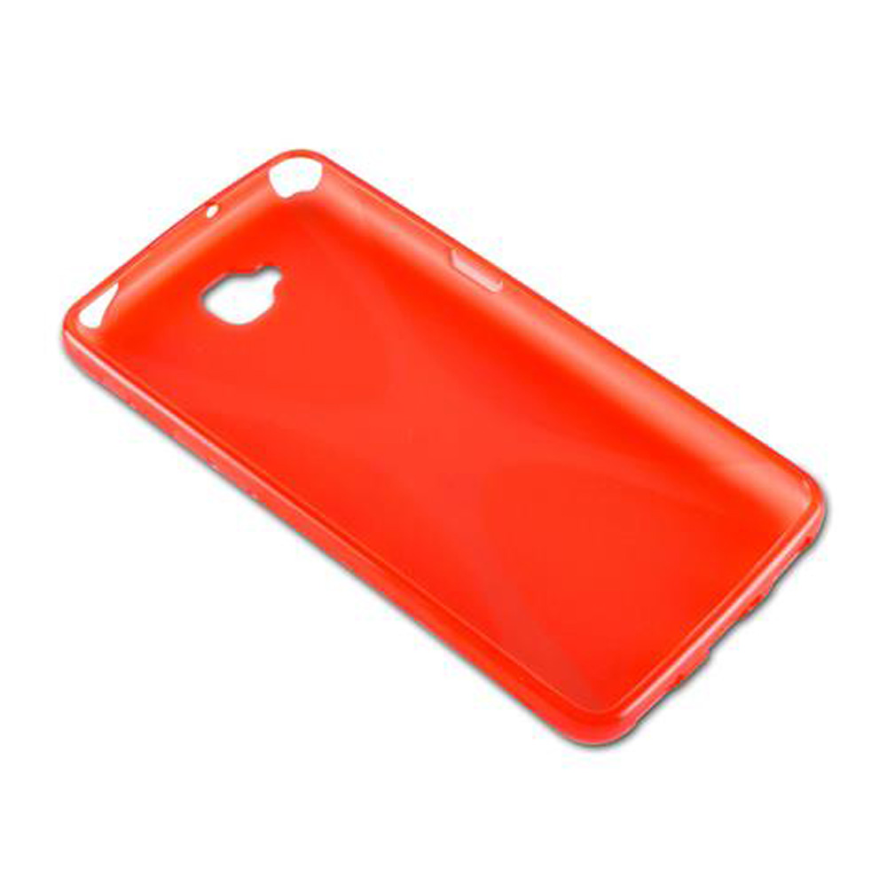 Una custodia per telefono rossa con ritagli per fotocamera e pulsanti.