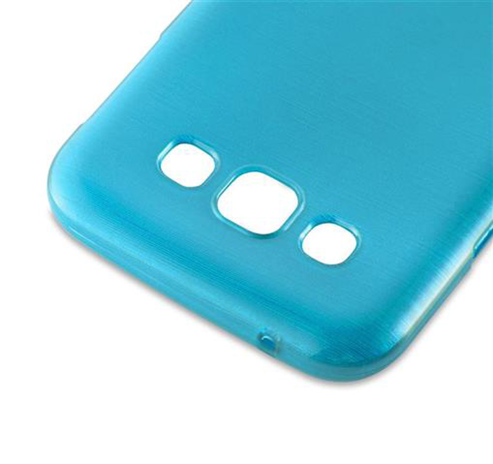 Custodia turchese per telefono con ritagli per fotocamera e flash.