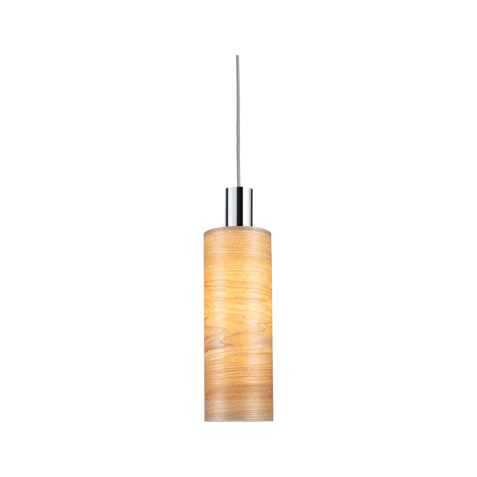 Zylindrische Hängeleuchte mit Holzmaserung und Chromakzenten, hängt an einem Kabel.