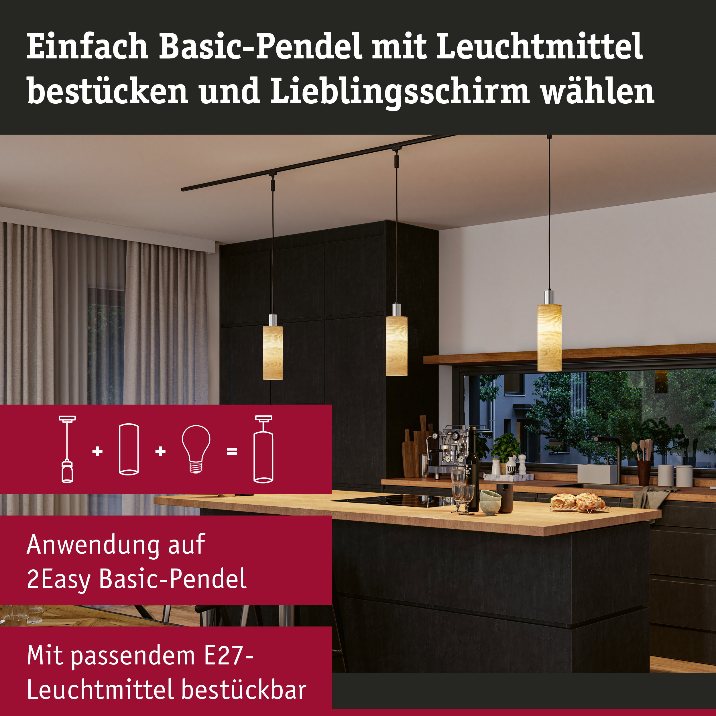 Moderne Küche mit drei hängenden Lampen und Holzakzenten über einer Kochinsel.