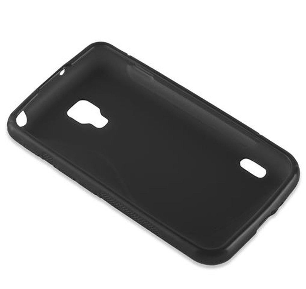 Schwarze Handyhülle mit Ausschnitten für Kamera und Tasten.