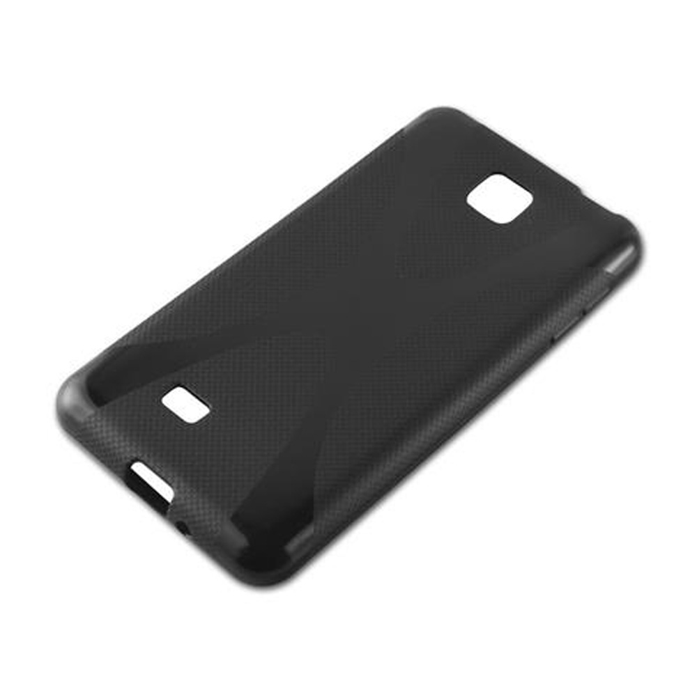 Custodia nera testurizzata per telefono con ritagli per fotocamera e flash.