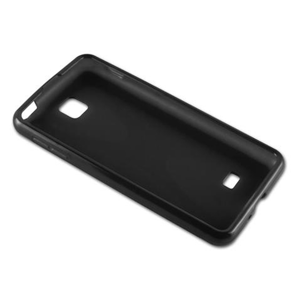 Custodia nera per telefono con ritagli per fotocamera e pulsanti.
