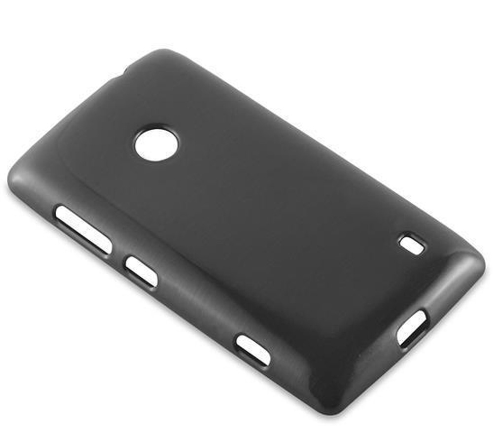 Schwarze Handyhülle mit Aussparungen für Kamera und Tasten.