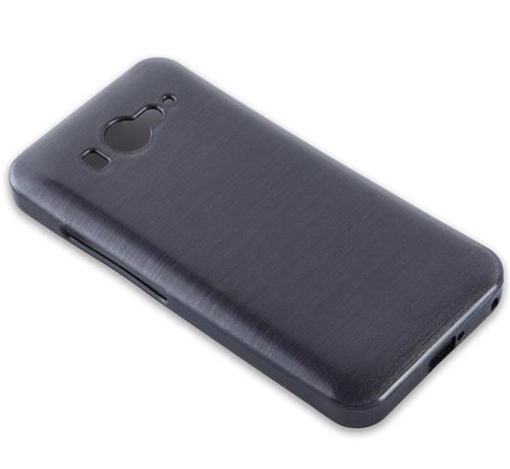 Custodia per telefono grigio scuro con finitura in metallo spazzolato, su sfondo bianco.
