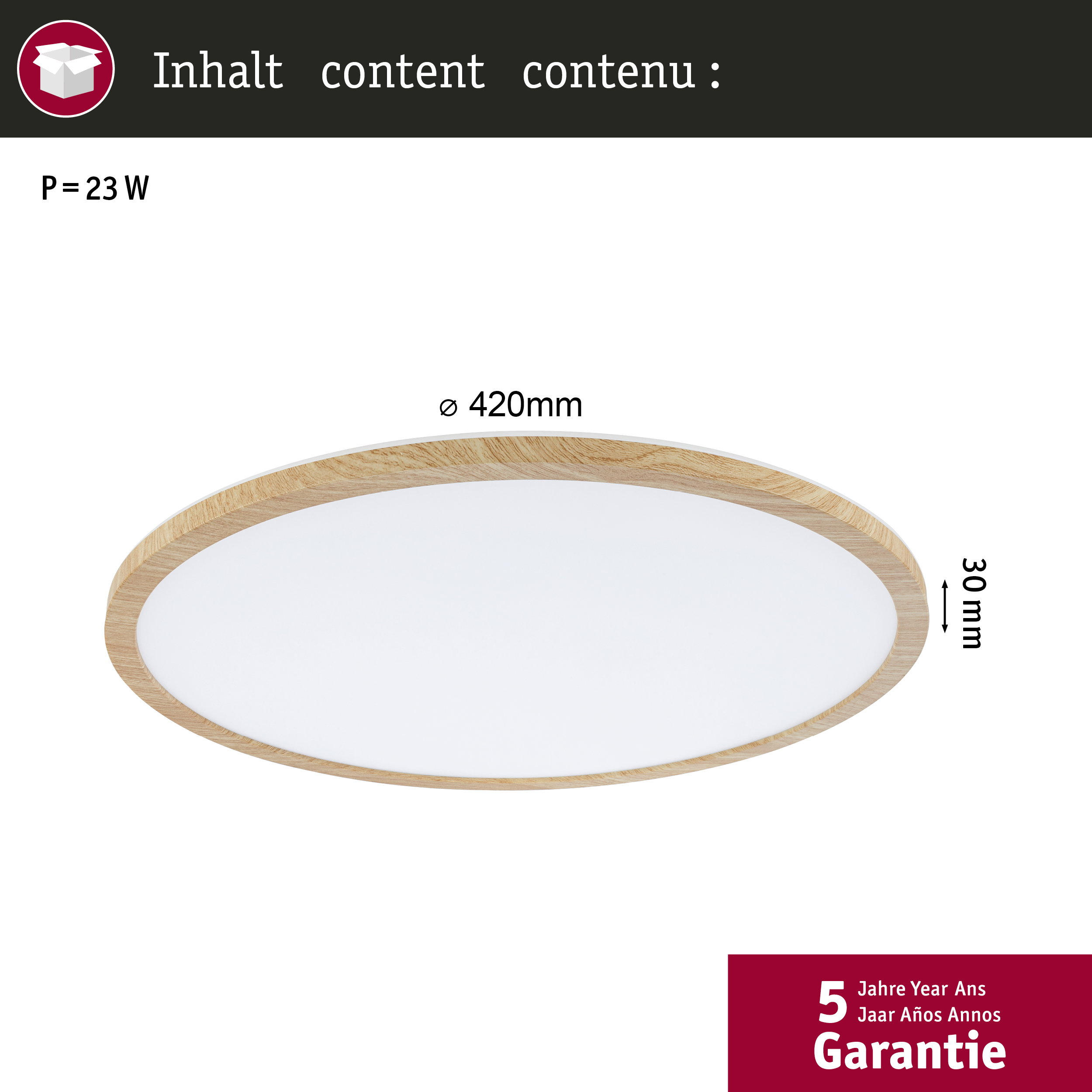Okrągła lampa z drewnianą ramką, 420mm Ø, 30mm wysoka. 23W. 5 lat gwarancji.