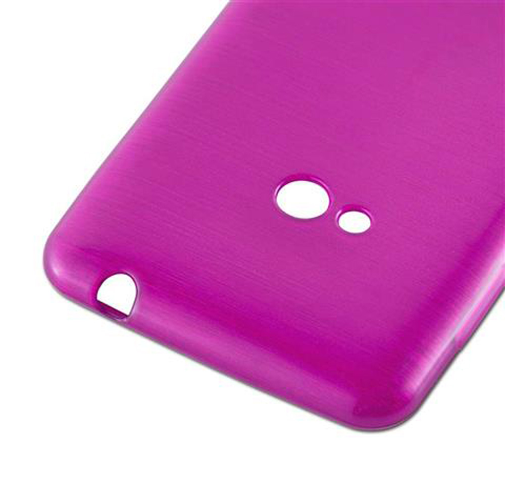 Custodia viola per telefono con ritagli per fotocamera e porte.