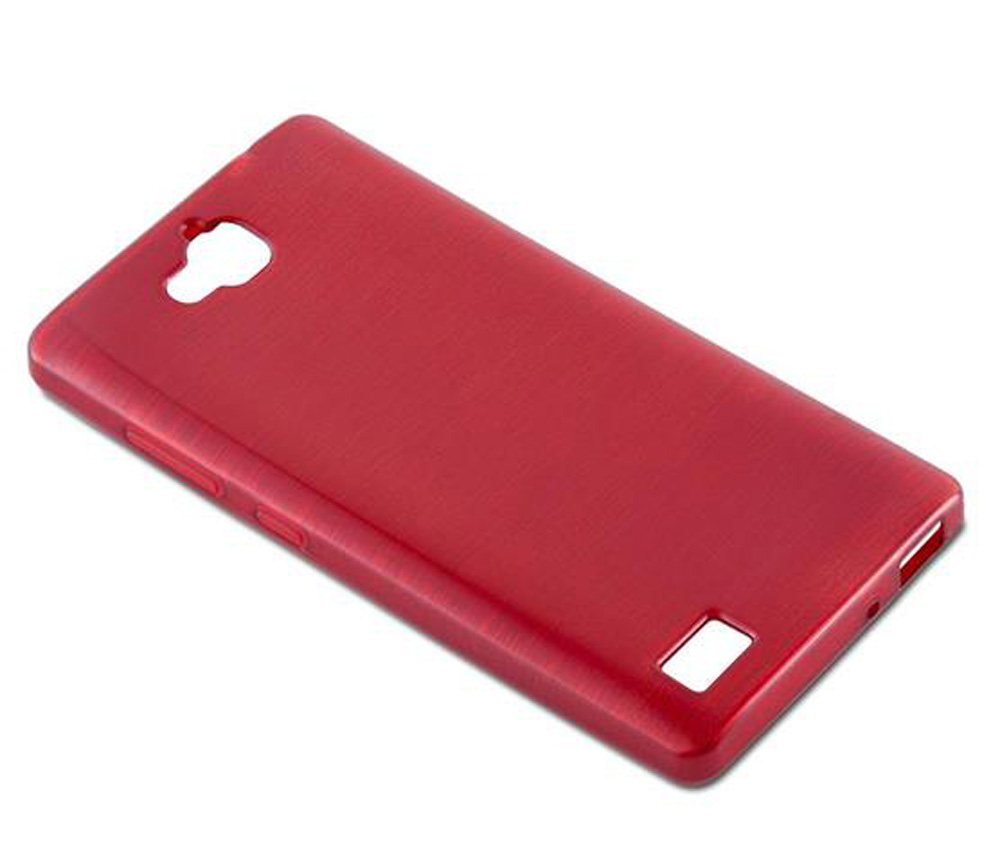 Funda roja para móvil con recortes para cámara y puertos.