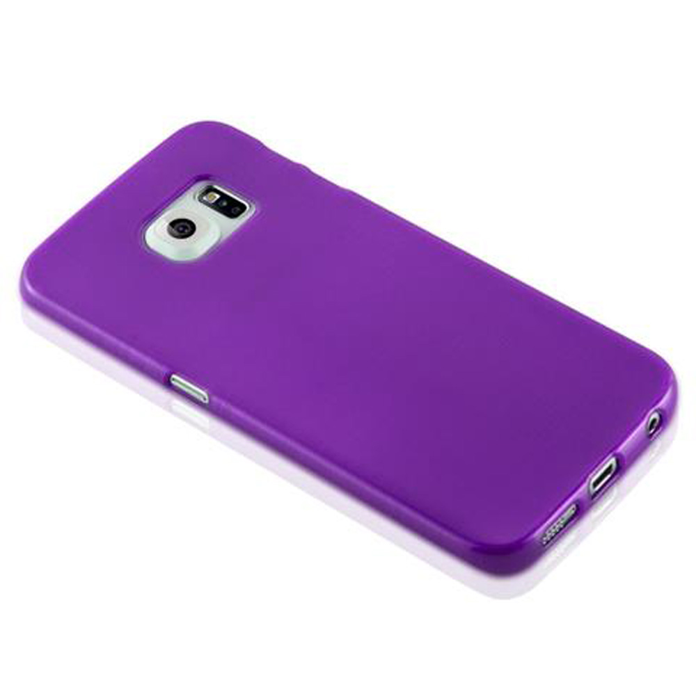 Una cover viola vivace per telefono con ritaglio fotocamera, su sfondo bianco.