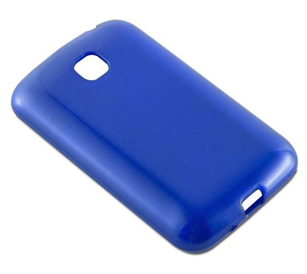 Una funda azul para móvil con recortes para cámara y puertos.