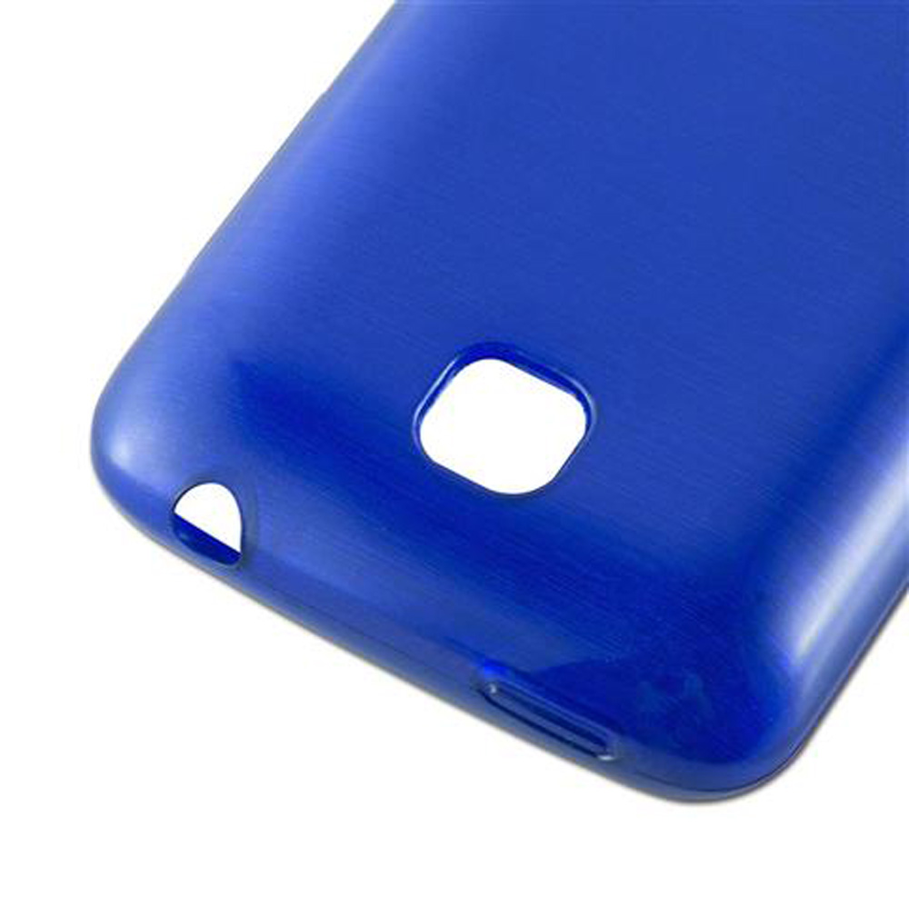 Funda de teléfono azul con recortes para cámara y puertos.