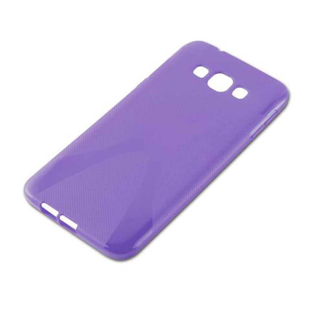 Una cover viola per telefono con ritagli per fotocamera e pulsanti.