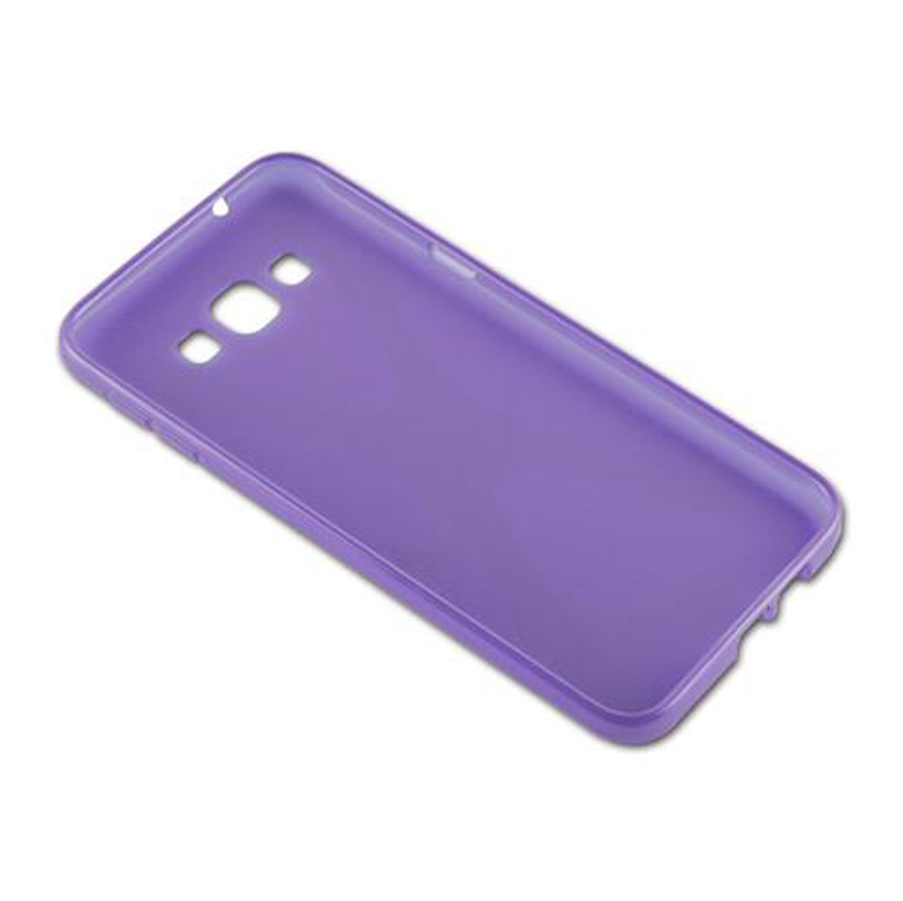 Una cover viola per telefono con ritagli per fotocamera e pulsanti.