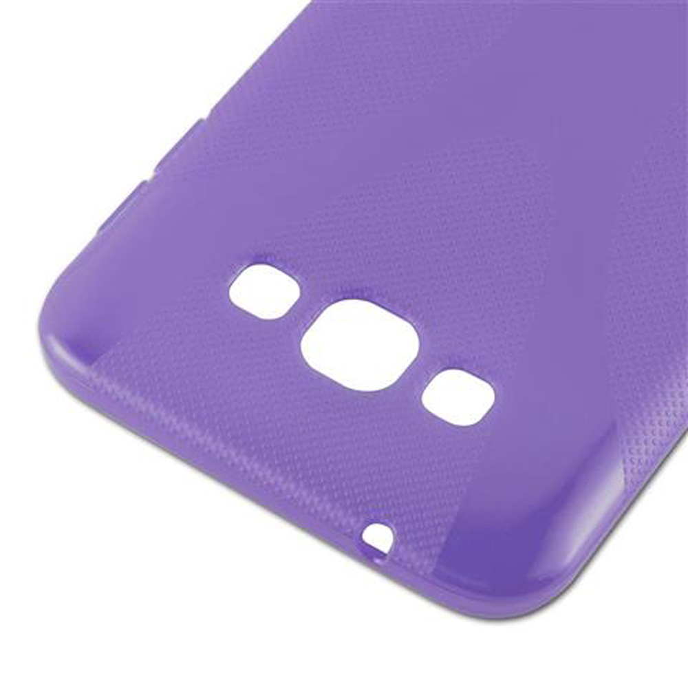 Cover viola per telefono con ritagli per fotocamera e pulsanti.
