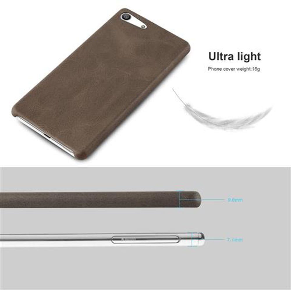 Cover marrone per telefono in alto, con dimensioni sotto. Testo "Ultra light".