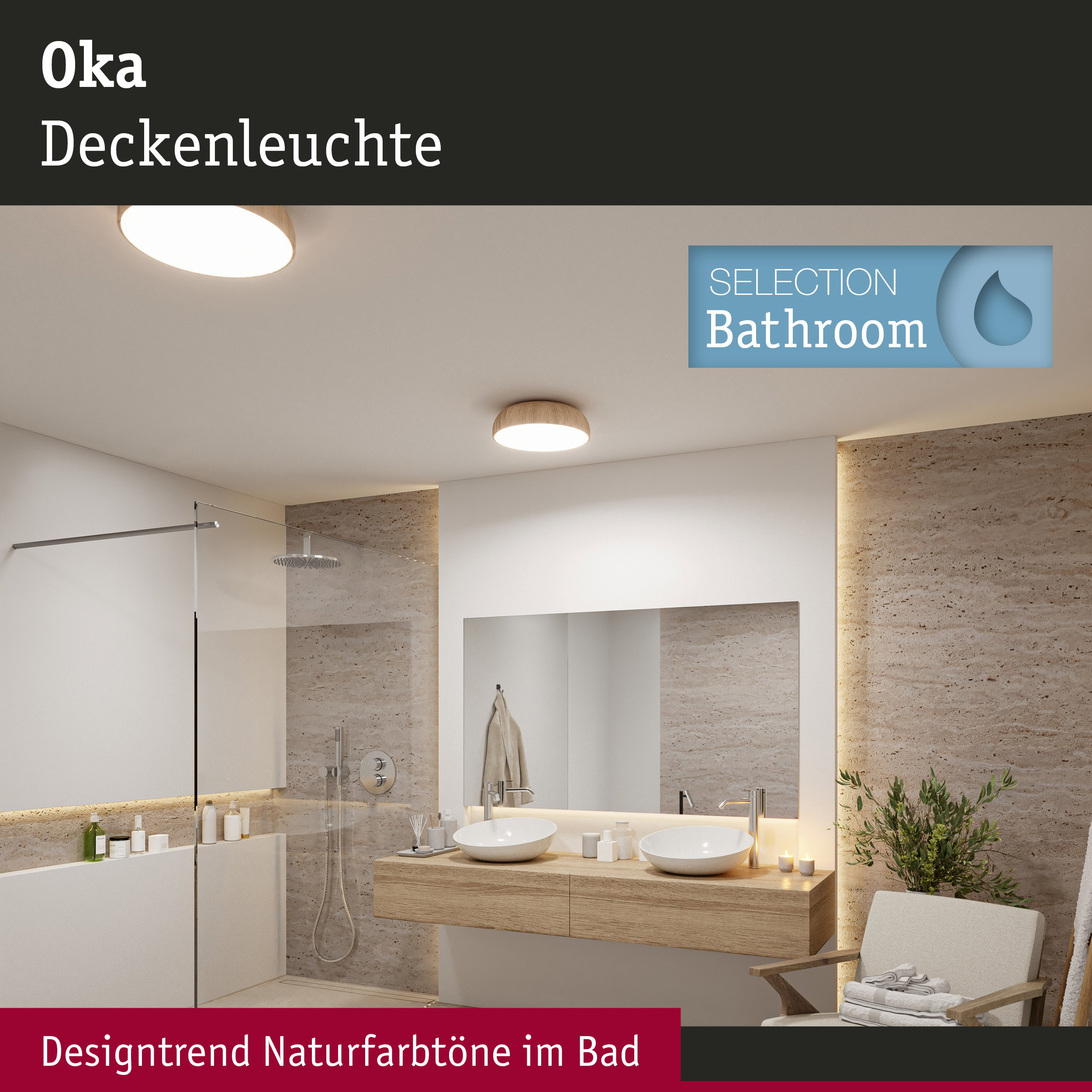 Modernes Bad mit Doppelwaschbecken, Wanne, Dusche und Natursteinwänden.