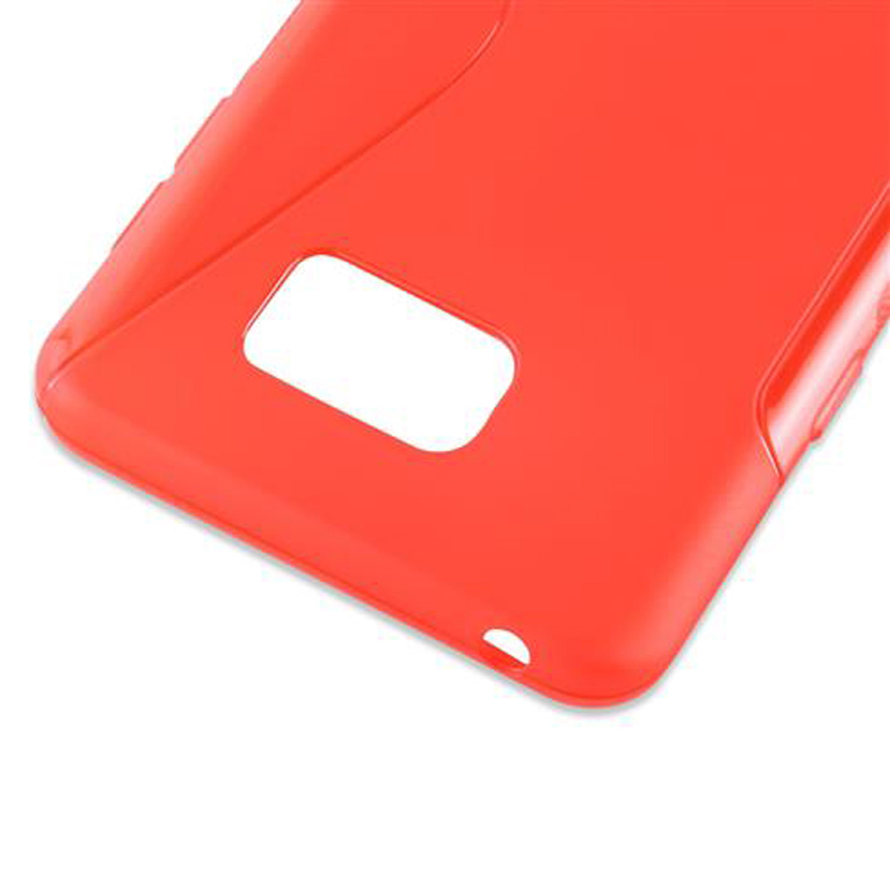 Una cover rossa per telefono con un ritaglio rettangolare su sfondo bianco.
