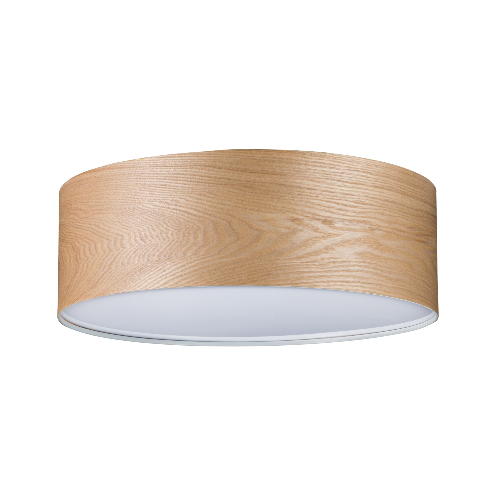Cylindryczna lampa z fakturą słojów drewna i białym kloszem wewnętrznym.