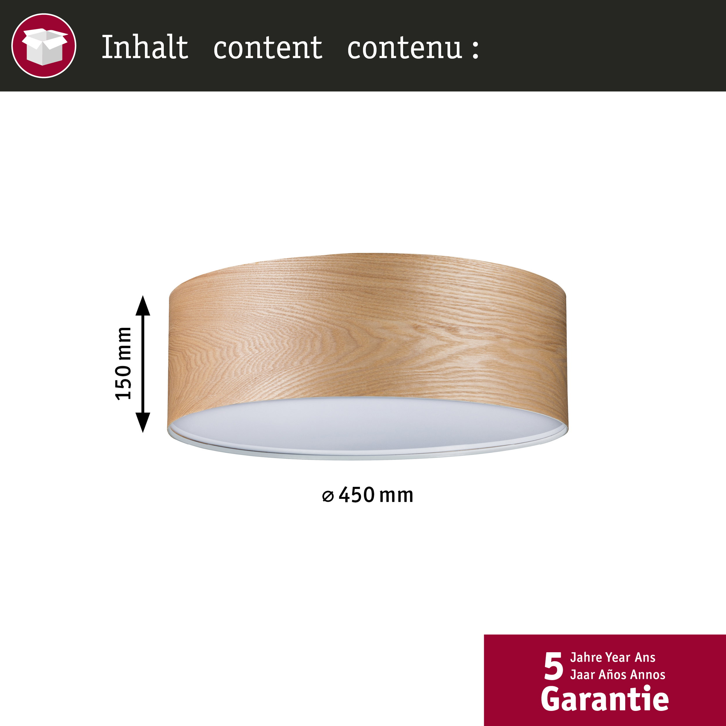 Okrągła lampa sufitowa imitująca drewno, 150mm wysoka, 450mm średnicy.