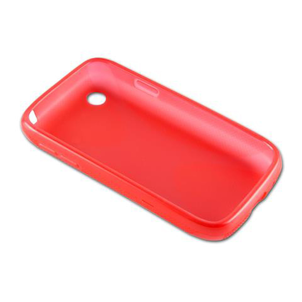 Una custodia per telefono rossa con un foro per la fotocamera.