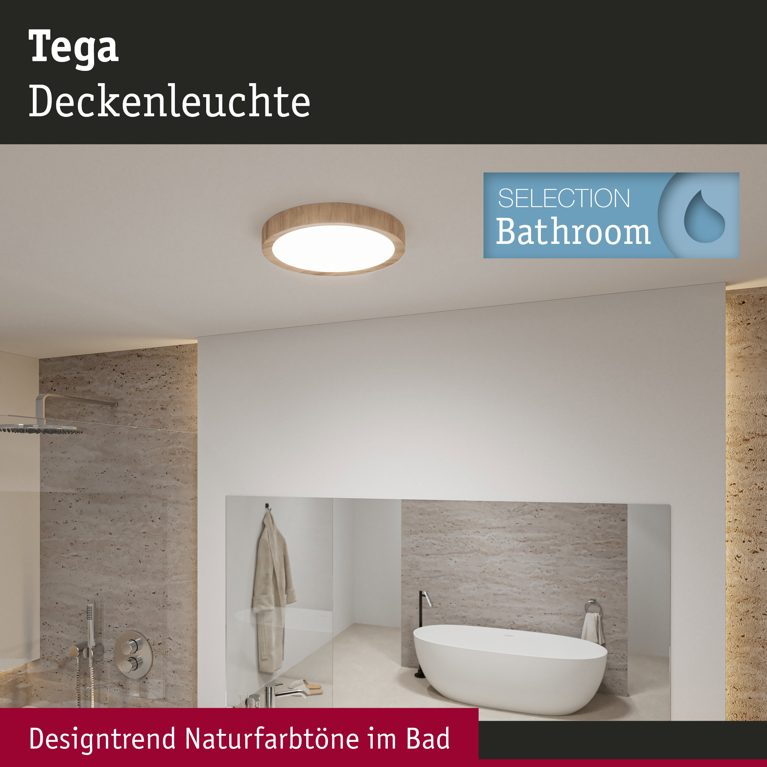 Modernes Badezimmer mit freistehender Wanne, Dusche und Holzdekor-Deckenleuchte.