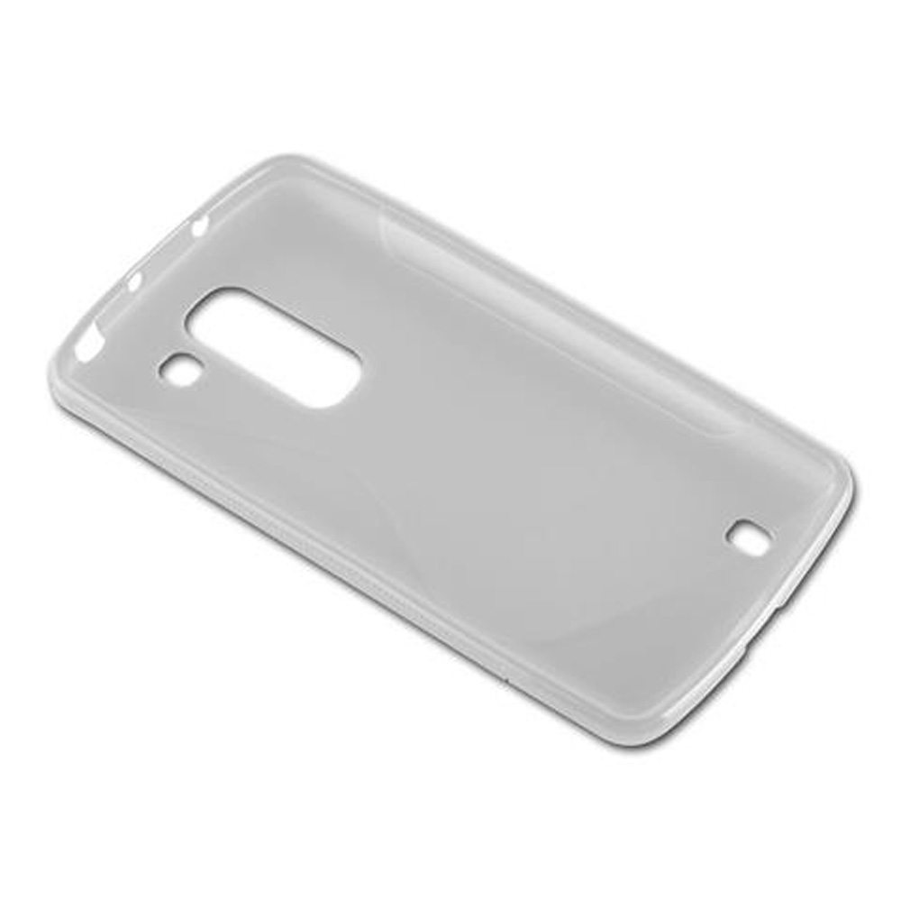 Transparente Handyhülle aus Gummi mit Aussparungen für Kamera und Tasten.