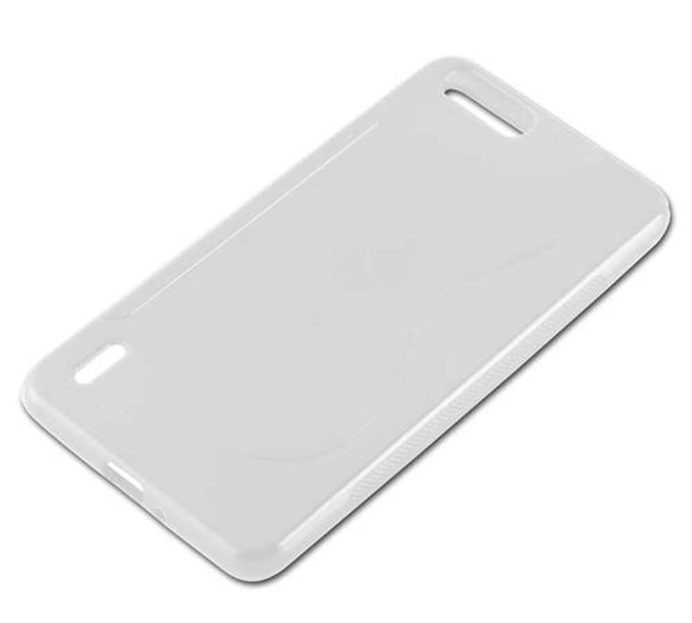 Una cover bianca per telefono giace su uno sfondo bianco.