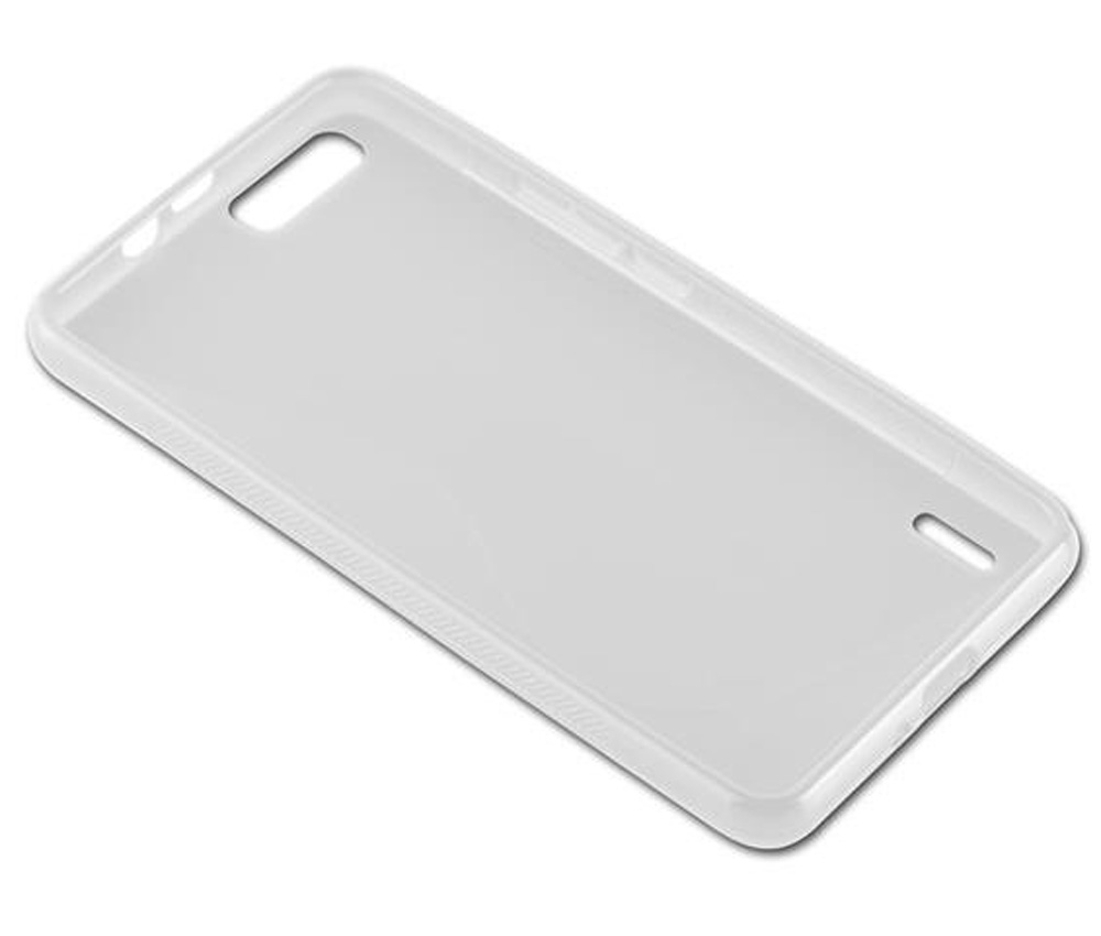 Una custodia per telefono bianca traslucida con ritagli per fotocamera e pulsanti.