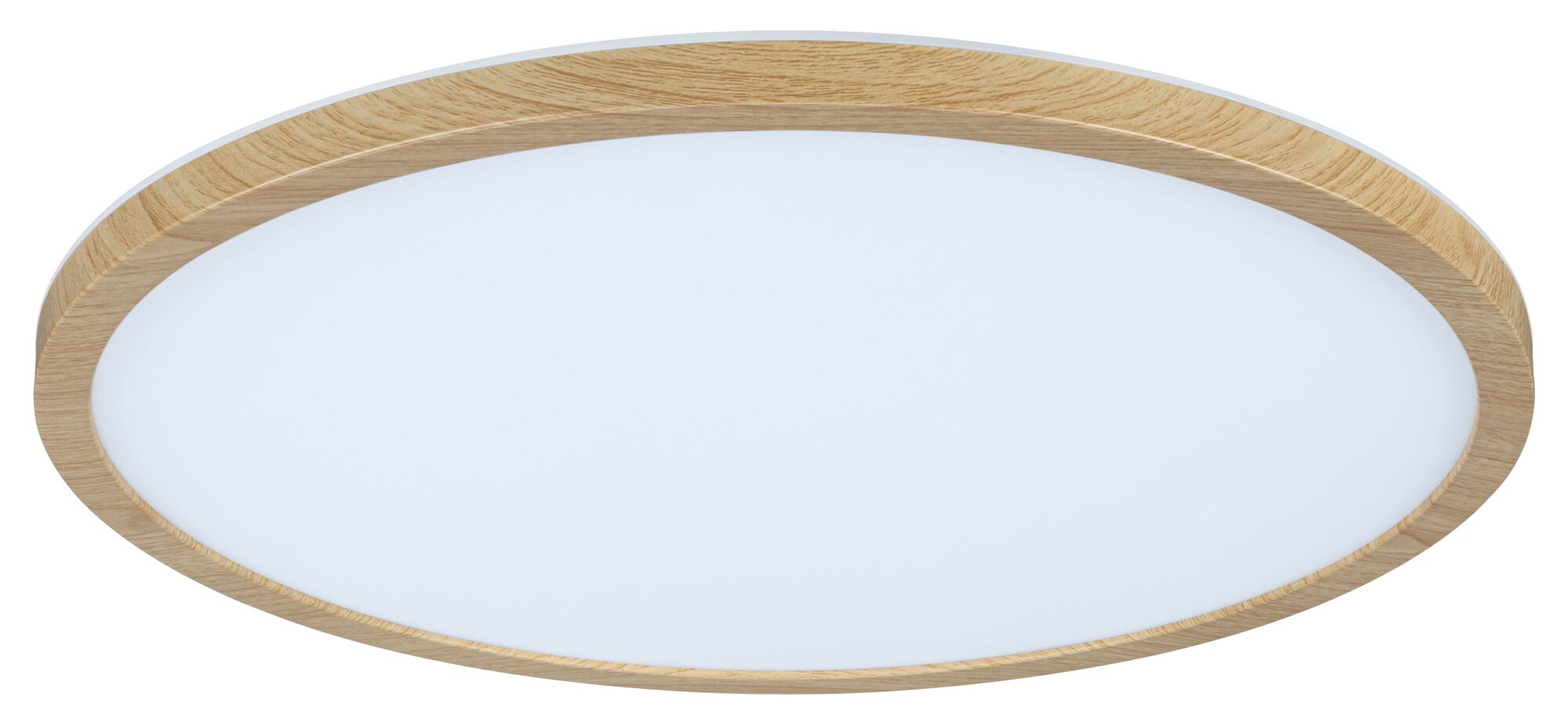 Ovales Deckenlicht mit Holzrahmen und weißer Mitte.