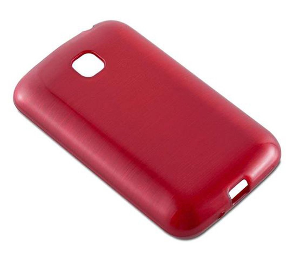 Funda roja para teléfono con recortes para cámara y puertos.