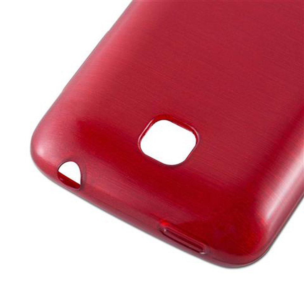 Una funda de teléfono roja con recortes para cámara y puertos.