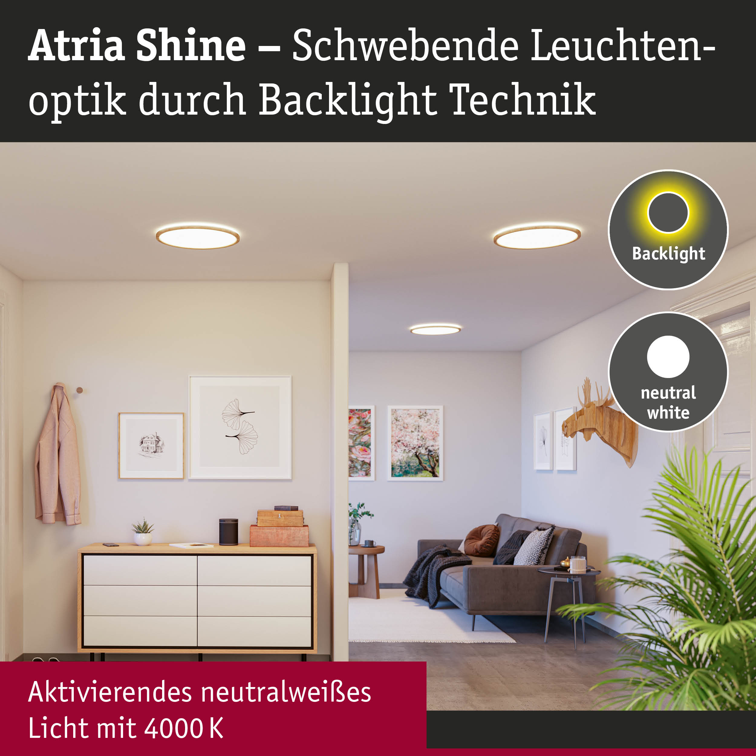 Ein Flur mit Deckenleuchten, Kommode, Bildern und Wohnzimmer mit Sofa.