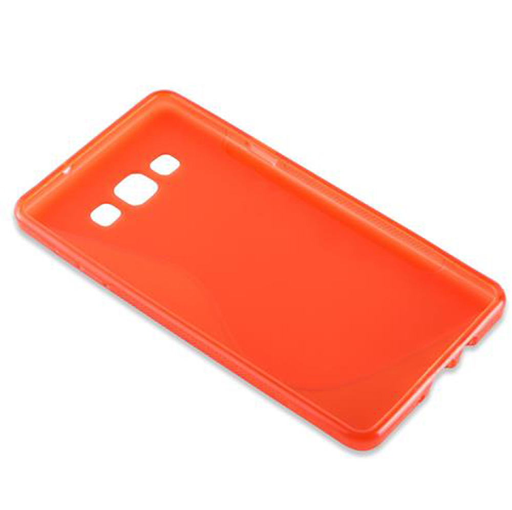 Una custodia per telefono arancione trasparente con ritagli per fotocamera e flash.