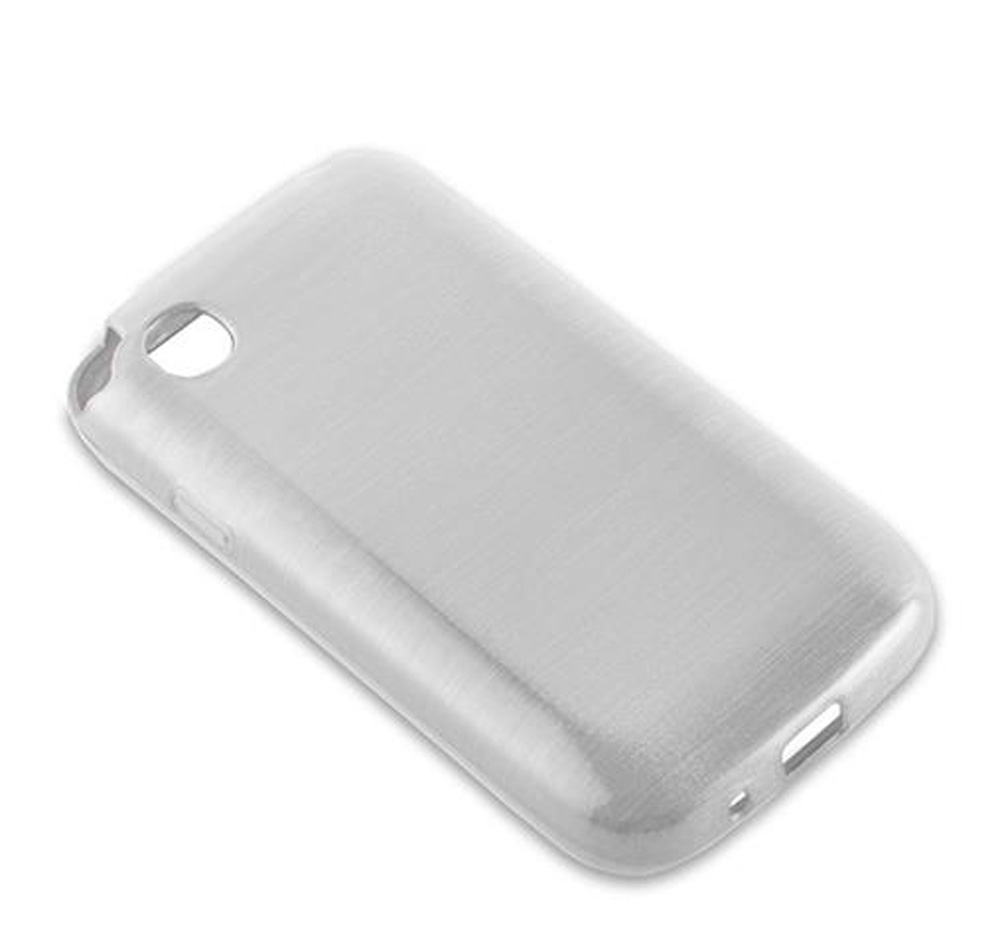 Una cover argentata in alluminio spazzolato con ritagli per fotocamera e pulsanti.