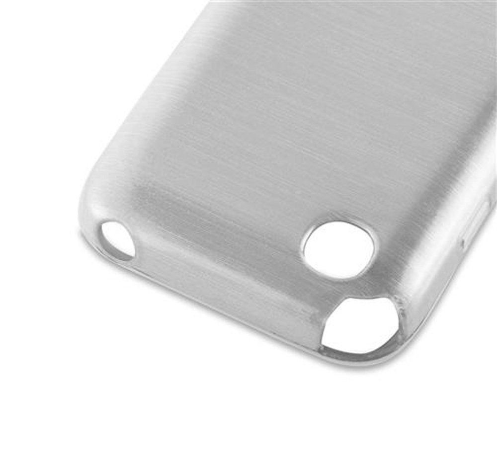 Custodia argentata per telefono con ritagli per fotocamera e porte.