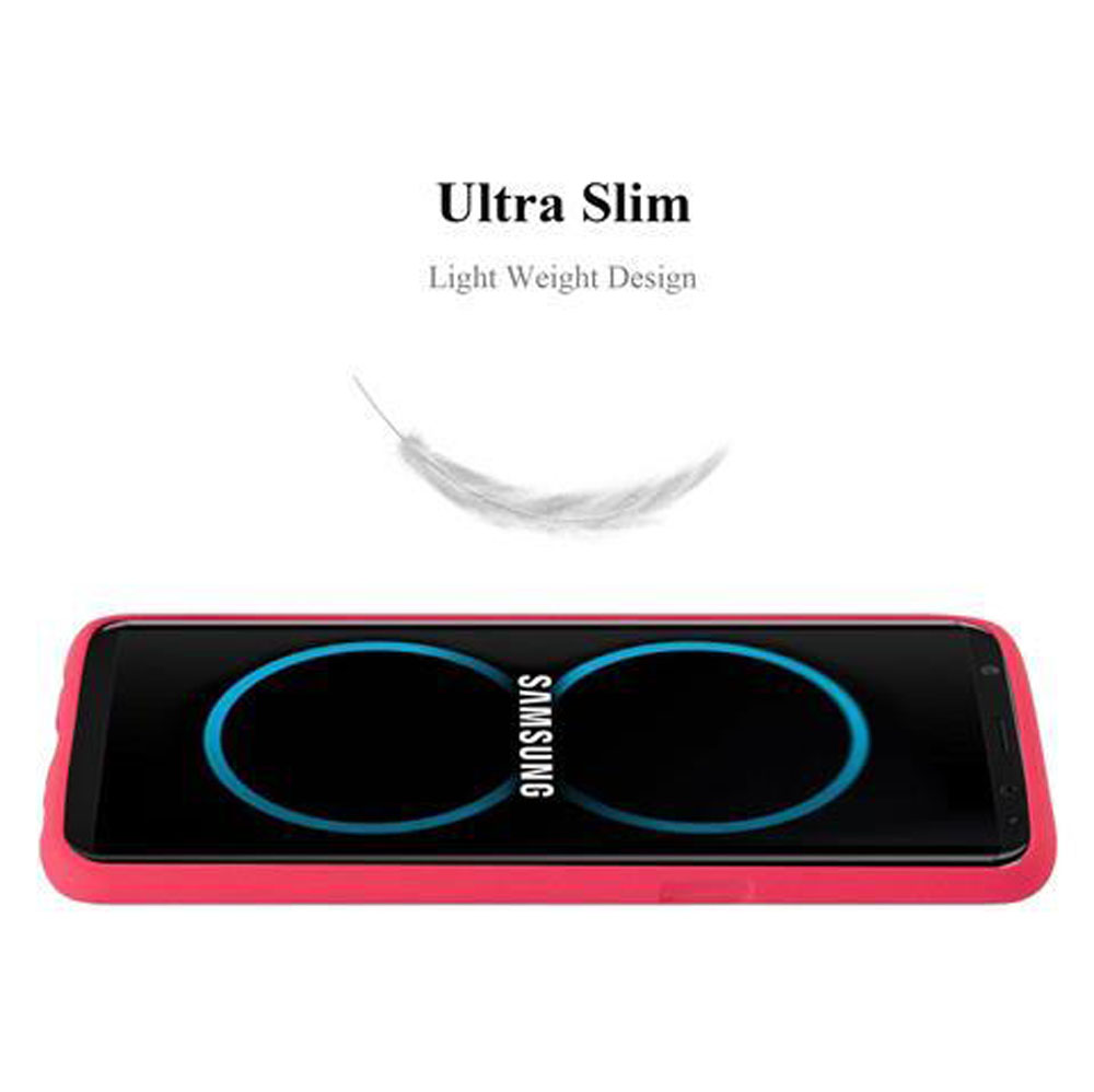 Una custodia rosa per telefono con un telefono Samsung all'interno. Testo: Ultra Slim, Design Leggero.