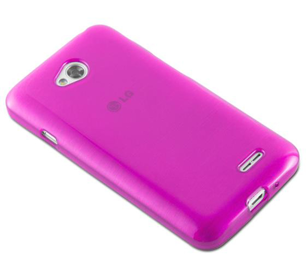 Una funda de teléfono rosa brillante con logo LG, recorte de cámara y puertos.